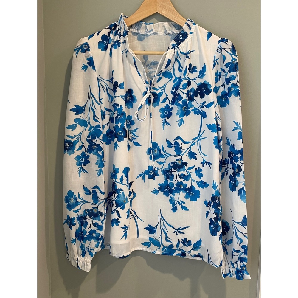 Women's Blue‎ Floral Ruffle Neck Tie Long Sleeve Blouse